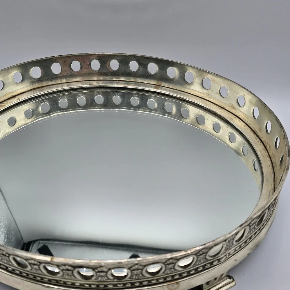 Vintage Victorian  Silverplated Mirrored Tray Ornate Heavy 12‎ 